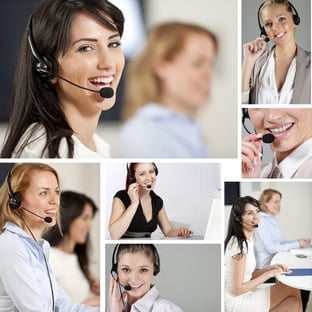 Compilation of beautiful young woman wearing telephone headsets in a busy office