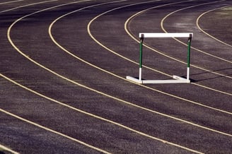 Lone hurdle on an outdoor track